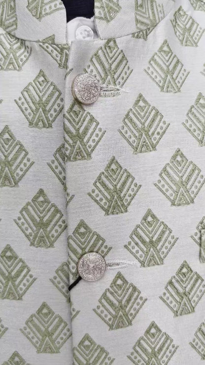 Sage Green Printed Nehru Jacket: Men's Modi Vest
