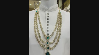 Ivory Kundan Groom Necklace with Green Stone Mala, Sherwani Jewelry Set