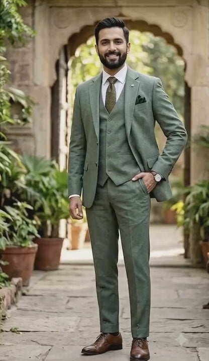 Dust Green Tweed 3 Piece Suit for Men, Vintage Wedding Suit Winter Prom Suits